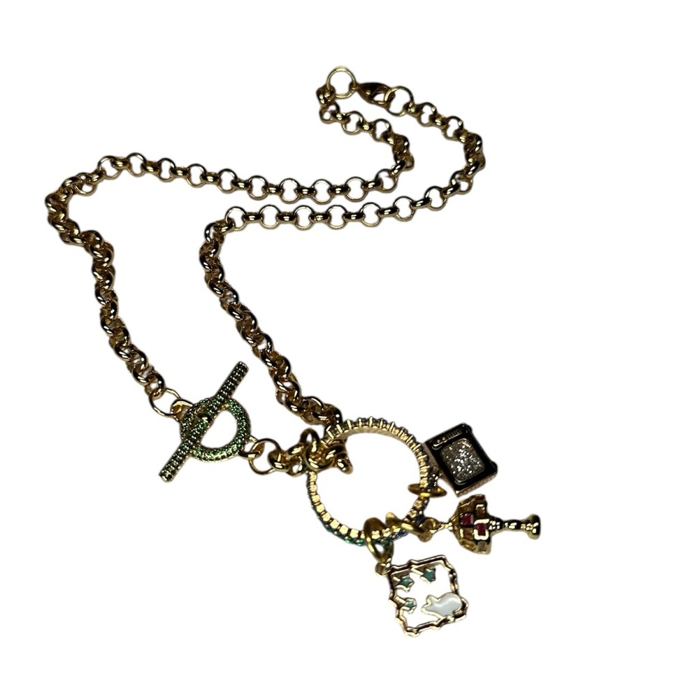 Gold chain, layering, jeweled, toggle, clasp charm necklace with TV rabbit  lamp